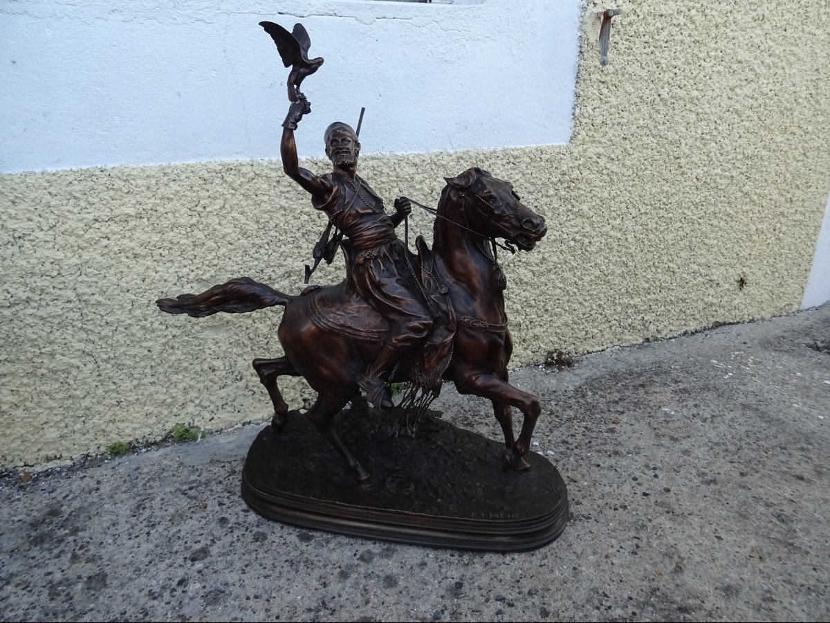 Pierre Jules Mène - Le Fauconnier Arabe à Cheval épreuve en bronze-photo-1