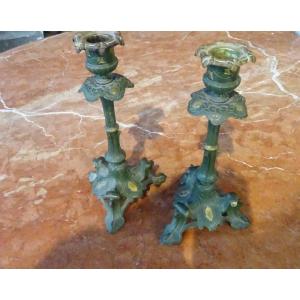 Pair Of Regulates Candlestick, Green Patina, Late XIX S