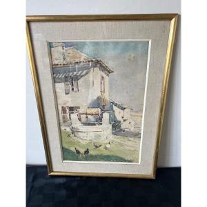 Watercolor Painting, Farmyard Scene, E Mothe