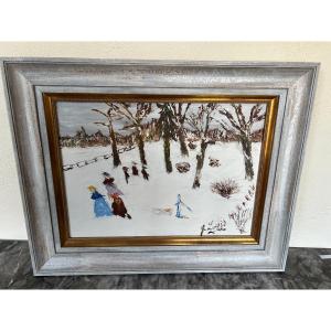 Gérard Le Roux Oil-on-canvas Painting Animated Landscape, Winter Scene