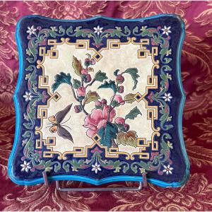 Earthenware Trivet With Enamels, Thistle And Butterfly Decoration