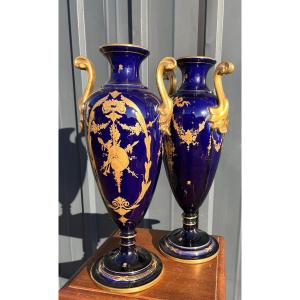 Pair Of Louis XVI Directoire Style Vases, Blue Oven, In Tour Earthenware, Asch