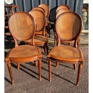 Set Of Eight Louis XVI Style Caned Chairs, Natural Wood