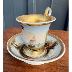 Cup And Saucer, Porcelain, Old Paris Marine Decor