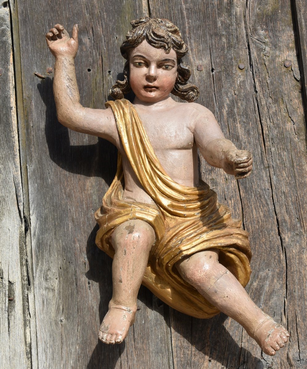 Cupidon ou putto baroque en bois sculpt&eacute; polychrome - XVIIIe S. - Italie-photo-3