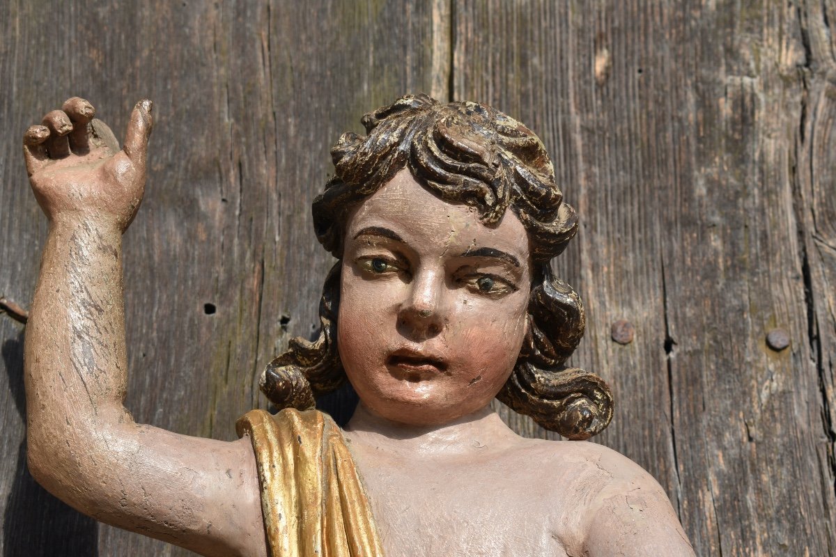 Cupidon ou putto baroque en bois sculpt&eacute; polychrome - XVIIIe S. - Italie-photo-1