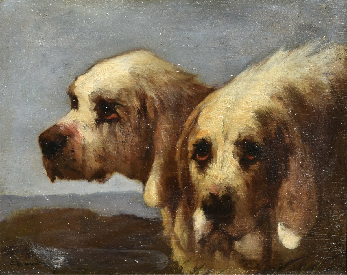 Jules CHARDIGNY (1842-1892)- double portrait de chiens - griffons vend&eacute;ens - huile sur panneau - -photo-2