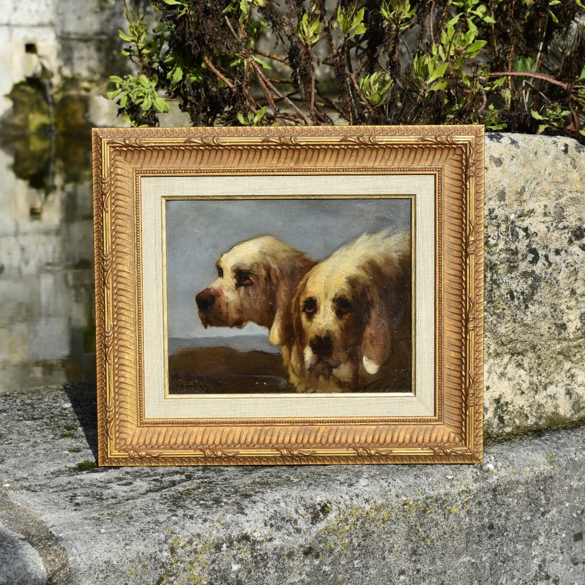 Jules CHARDIGNY (1842-1892)- double portrait de chiens - griffons vend&eacute;ens - huile sur panneau - -photo-3