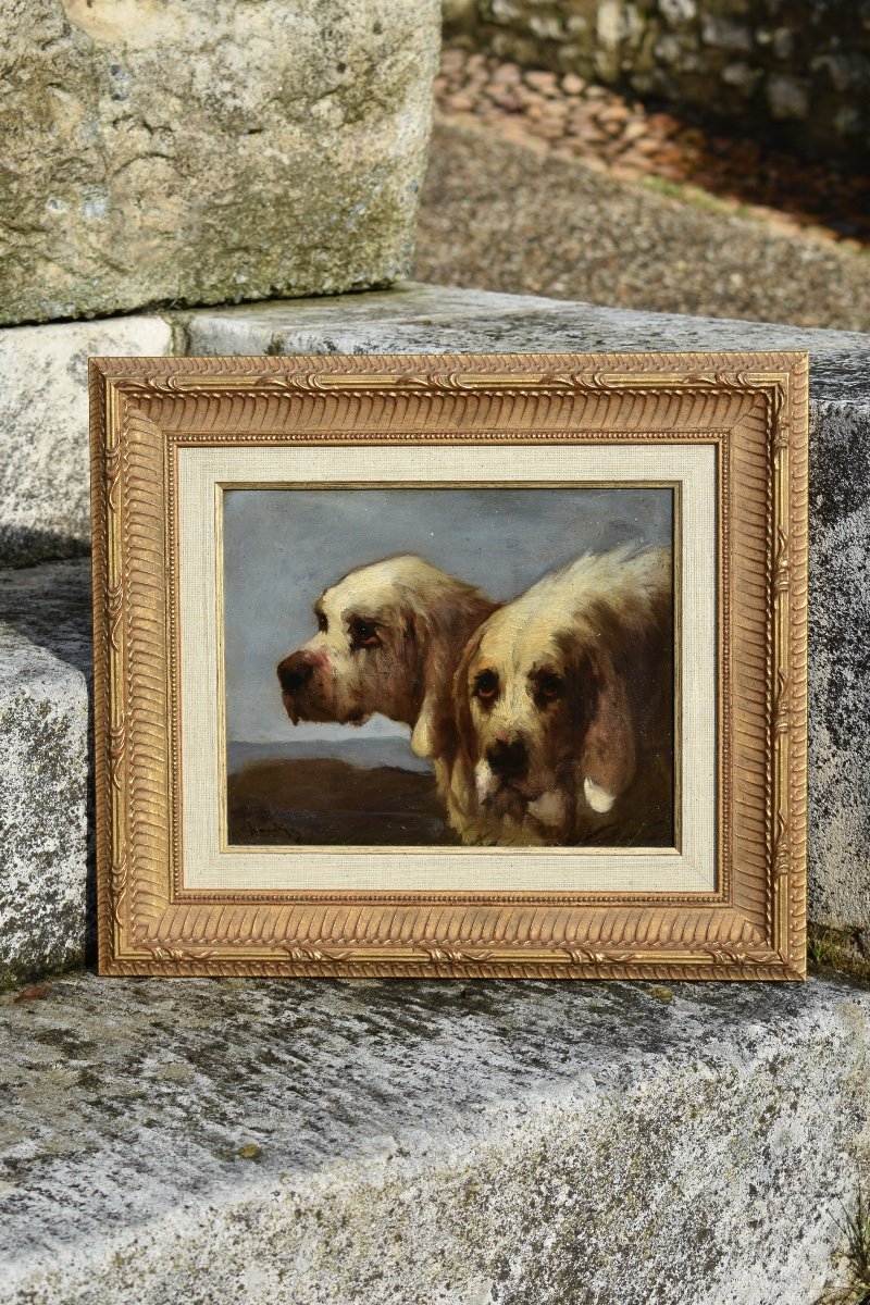 Jules CHARDIGNY (1842-1892)- double portrait de chiens - griffons vend&eacute;ens - huile sur panneau - -photo-4