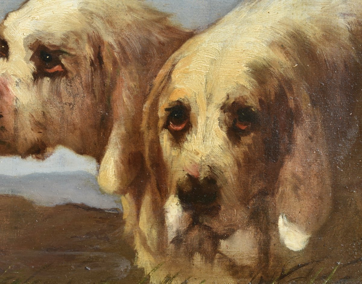 Jules CHARDIGNY (1842-1892)- double portrait de chiens - griffons vend&eacute;ens - huile sur panneau - -photo-1