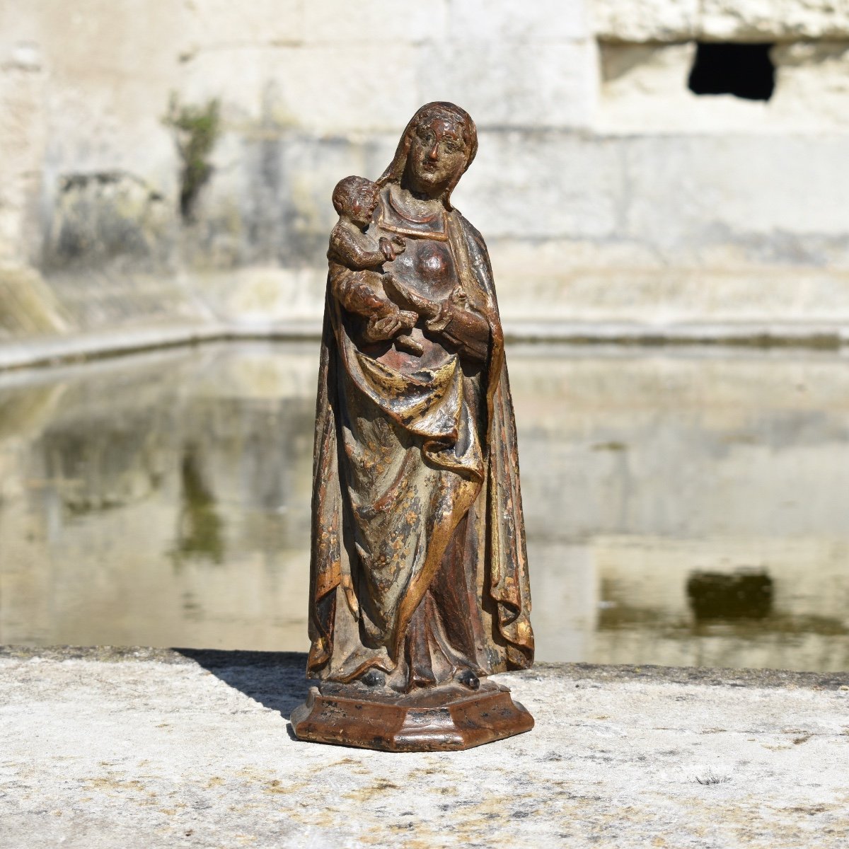 Statuette Of Virgin And Child - France 17th - Carved Wood-photo-2