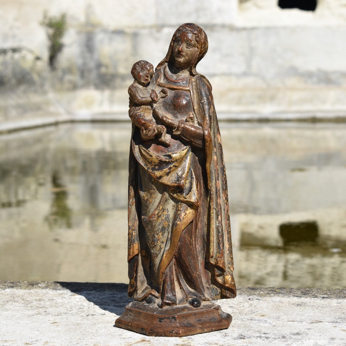 Statuette Of Virgin And Child - France 17th - Carved Wood-photo-3