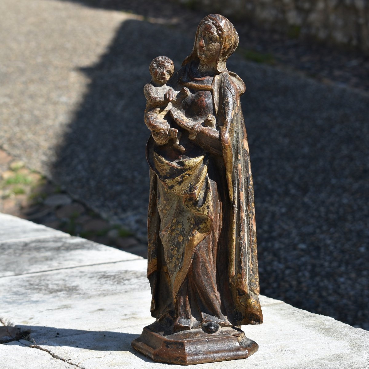 Statuette Of Virgin And Child - France 17th - Carved Wood-photo-4