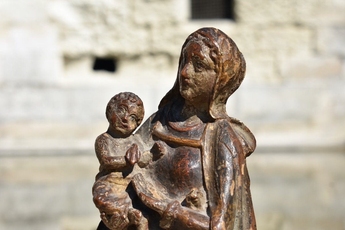 Statuette Of Virgin And Child - France 17th - Carved Wood-photo-1