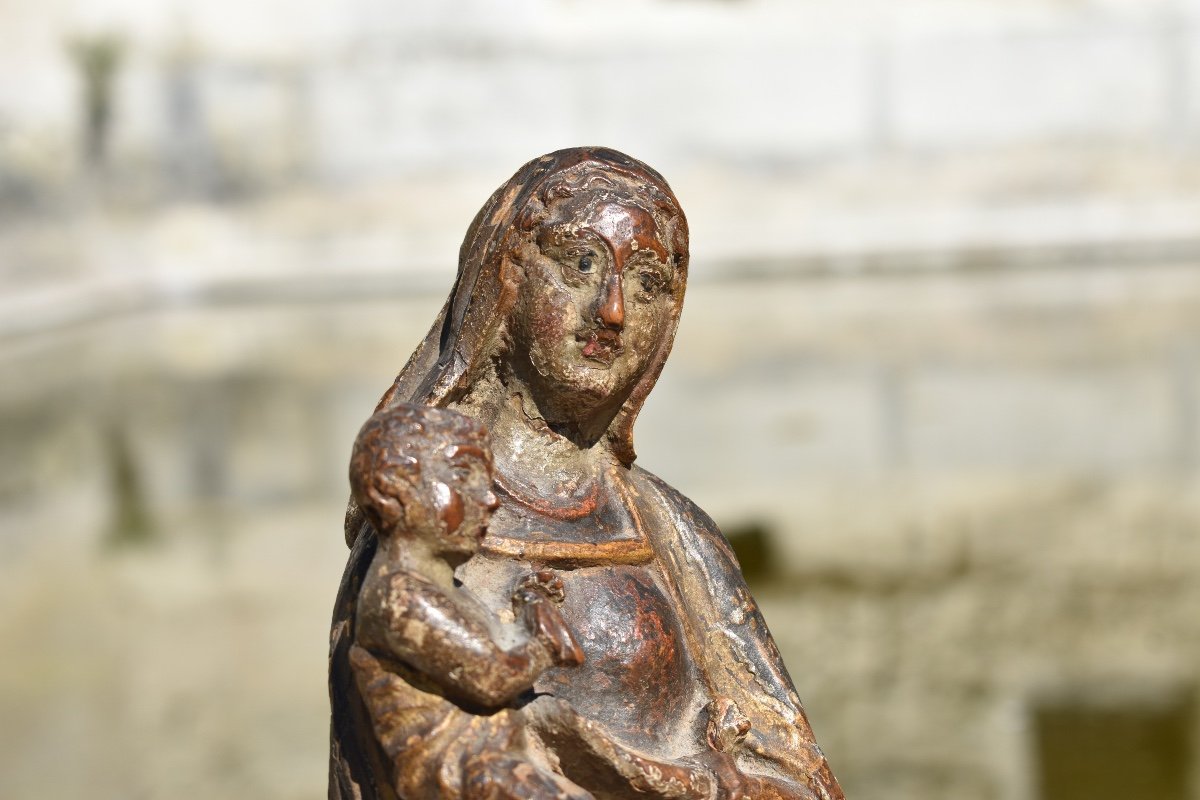 Statuette Of Virgin And Child - France 17th - Carved Wood-photo-2