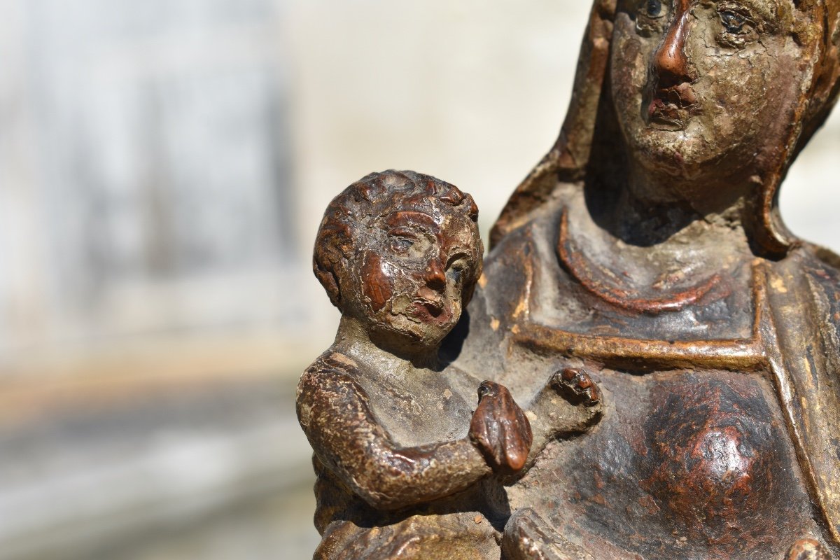 Statuette Of Virgin And Child - France 17th - Carved Wood-photo-3