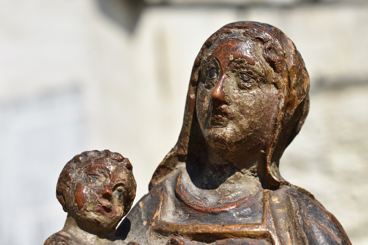 Statuette Of Virgin And Child - France 17th - Carved Wood-photo-4