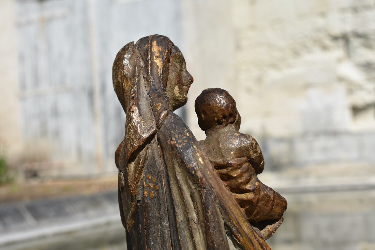 Statuette Of Virgin And Child - France 17th - Carved Wood-photo-5