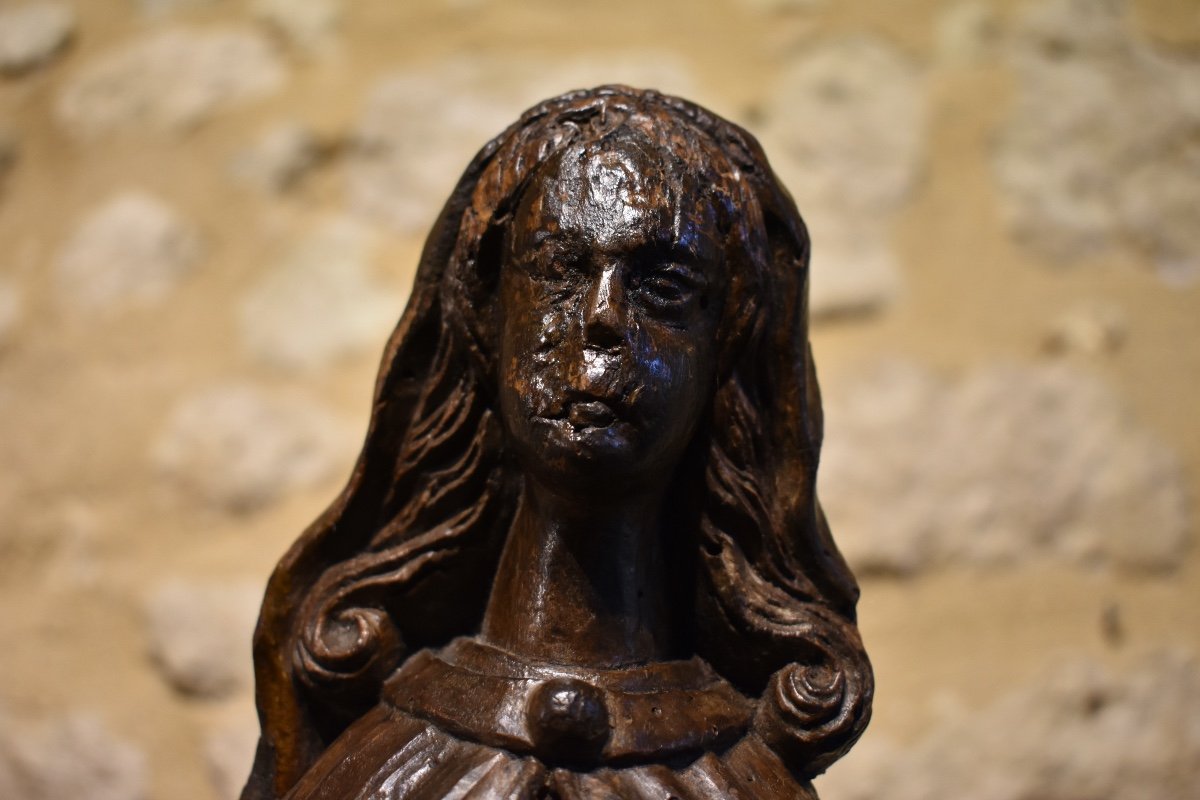 France 16th (?) - Virgin Or Saint Statuette - Carved Wood-photo-3