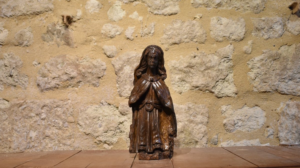 France 16th (?) - Virgin Or Saint Statuette - Carved Wood-photo-2