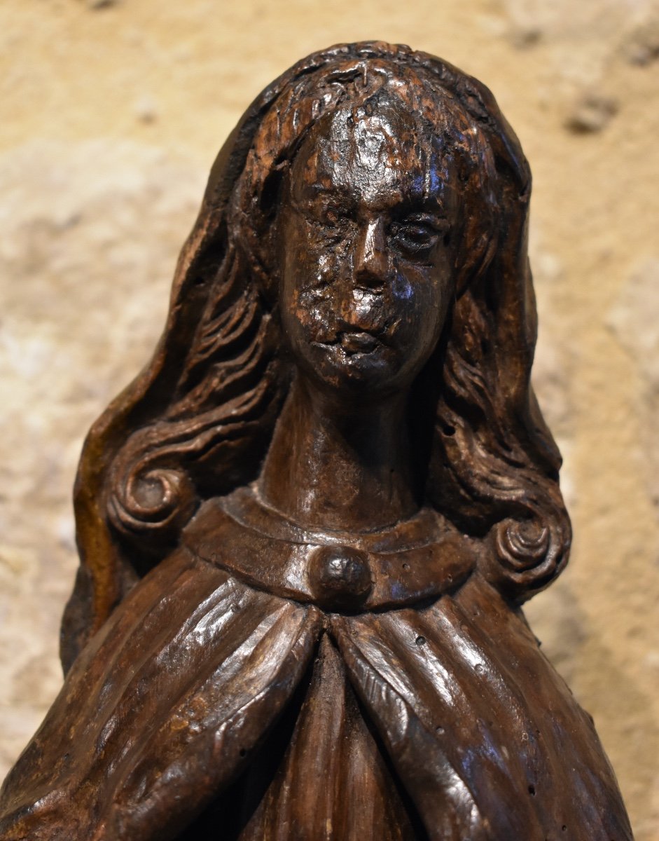 France 16th (?) - Virgin Or Saint Statuette - Carved Wood-photo-1