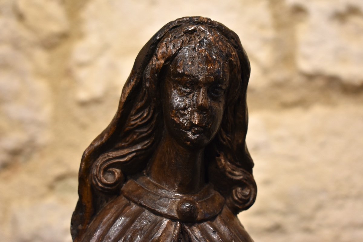 France 16th (?) - Virgin Or Saint Statuette - Carved Wood-photo-2