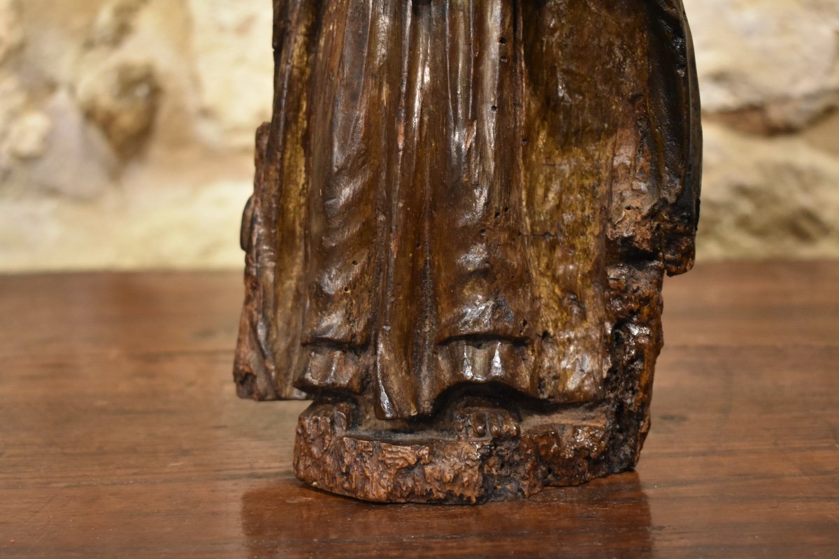 France 16th (?) - Virgin Or Saint Statuette - Carved Wood-photo-4