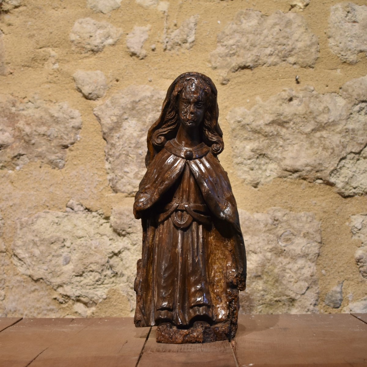 France 16th (?) - Virgin Or Saint Statuette - Carved Wood