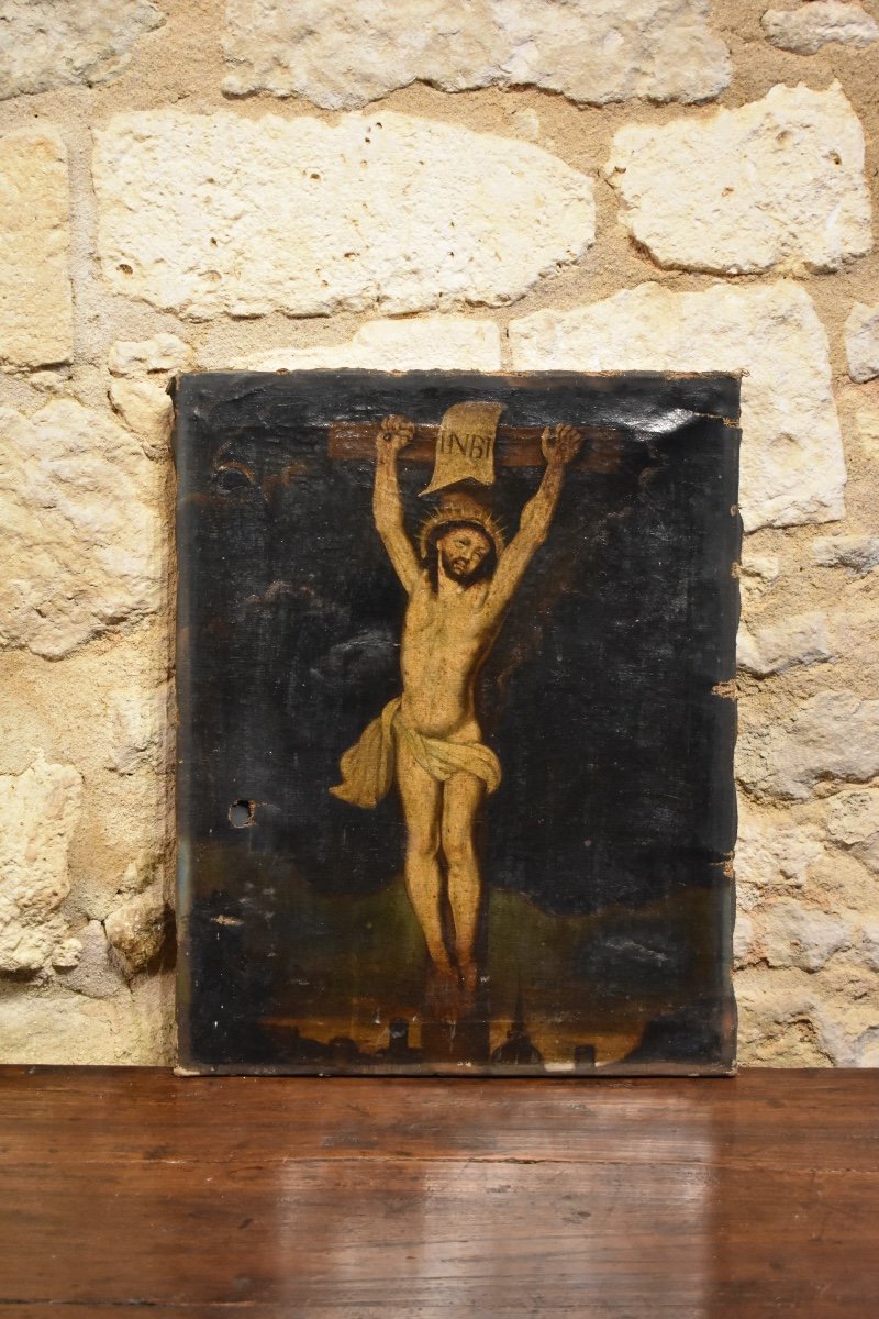 17th  French School - Christ On The Cross - Oil On Canvas-photo-2