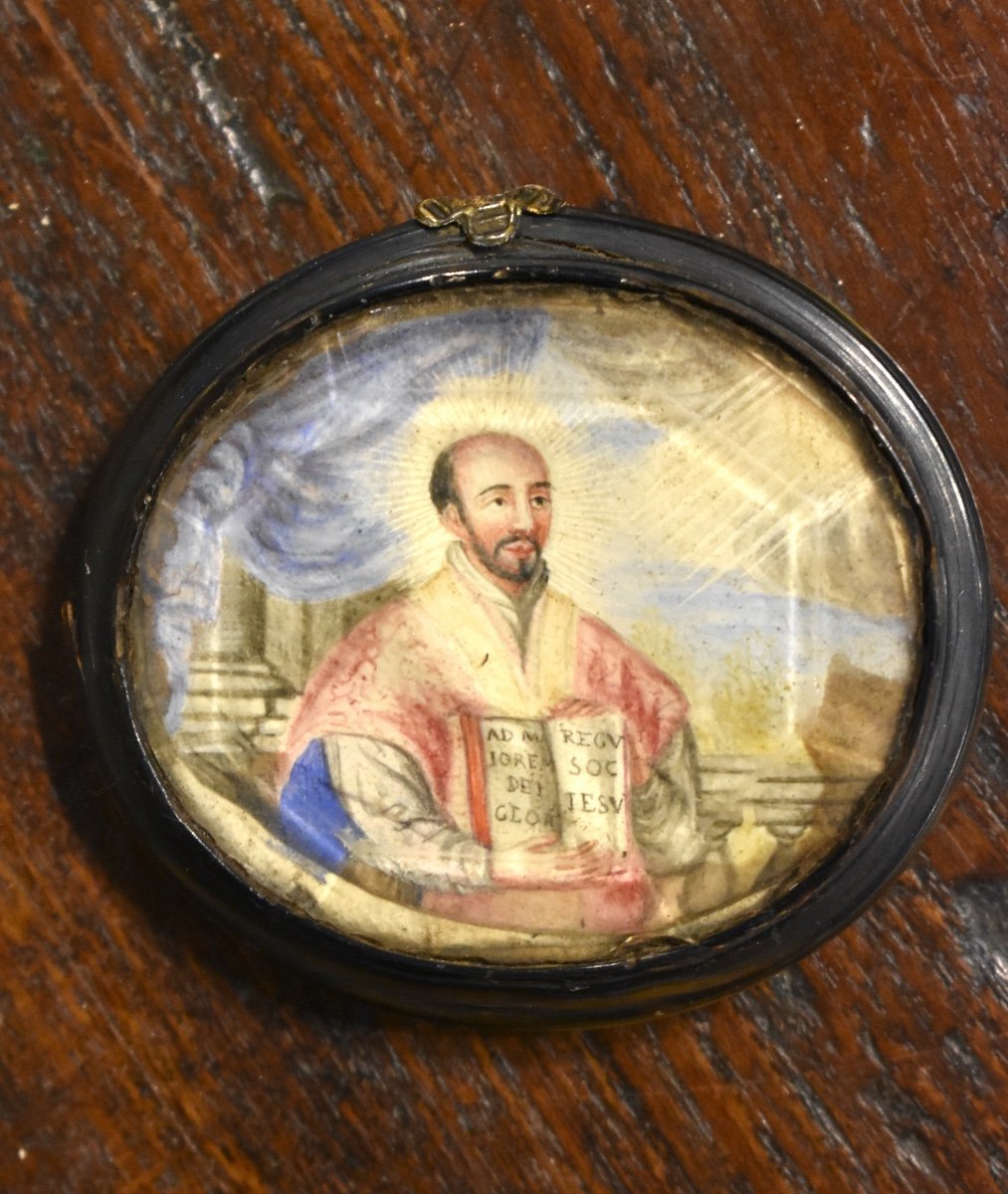 M&eacute;daillon Reliquaire du XVIIe - saint Ignace de Loyola - miniature peinte