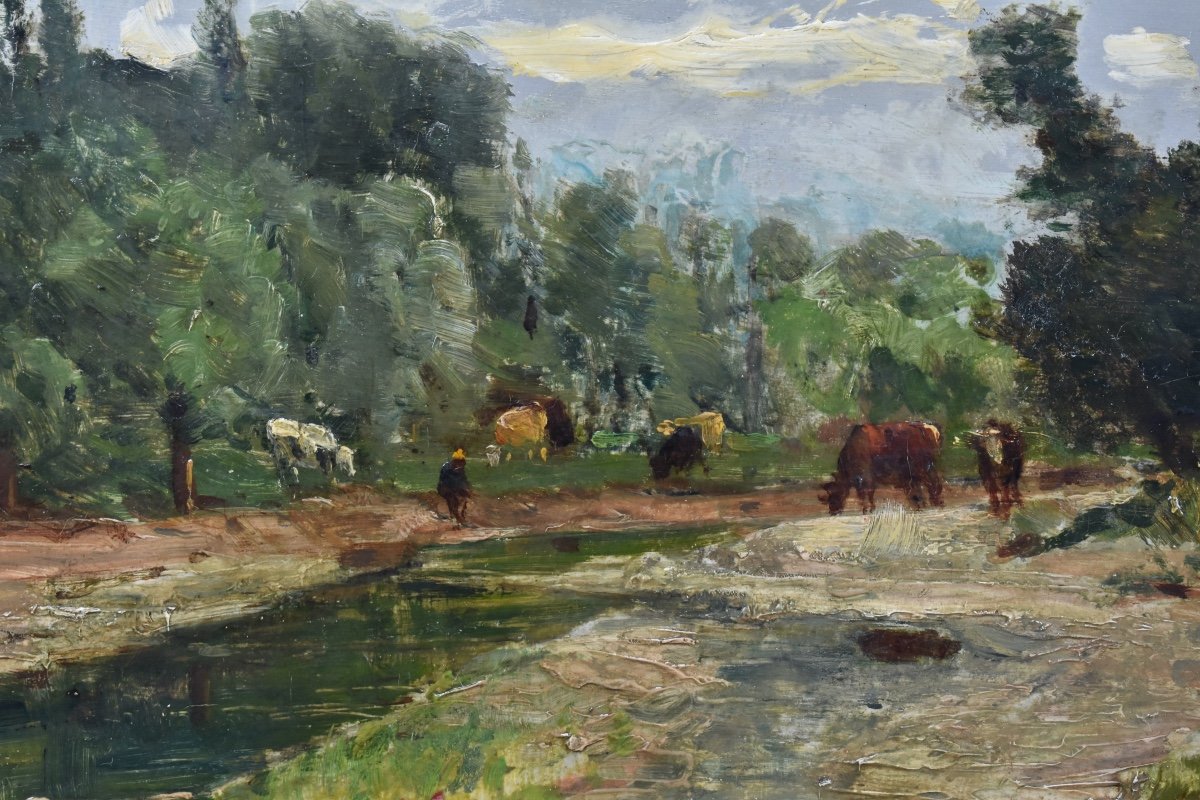 Joseph Million (1861-1931) - Peasant And His Cows - Landscape - Oil On Cardboard-photo-1