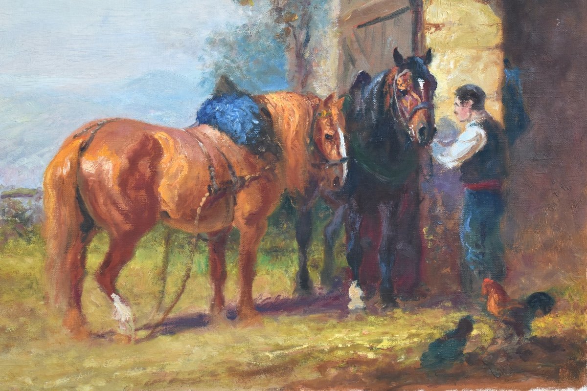 Eugène Péchaubès (1890-1967) - Horses At The Farm - Oil On Canvas-photo-2