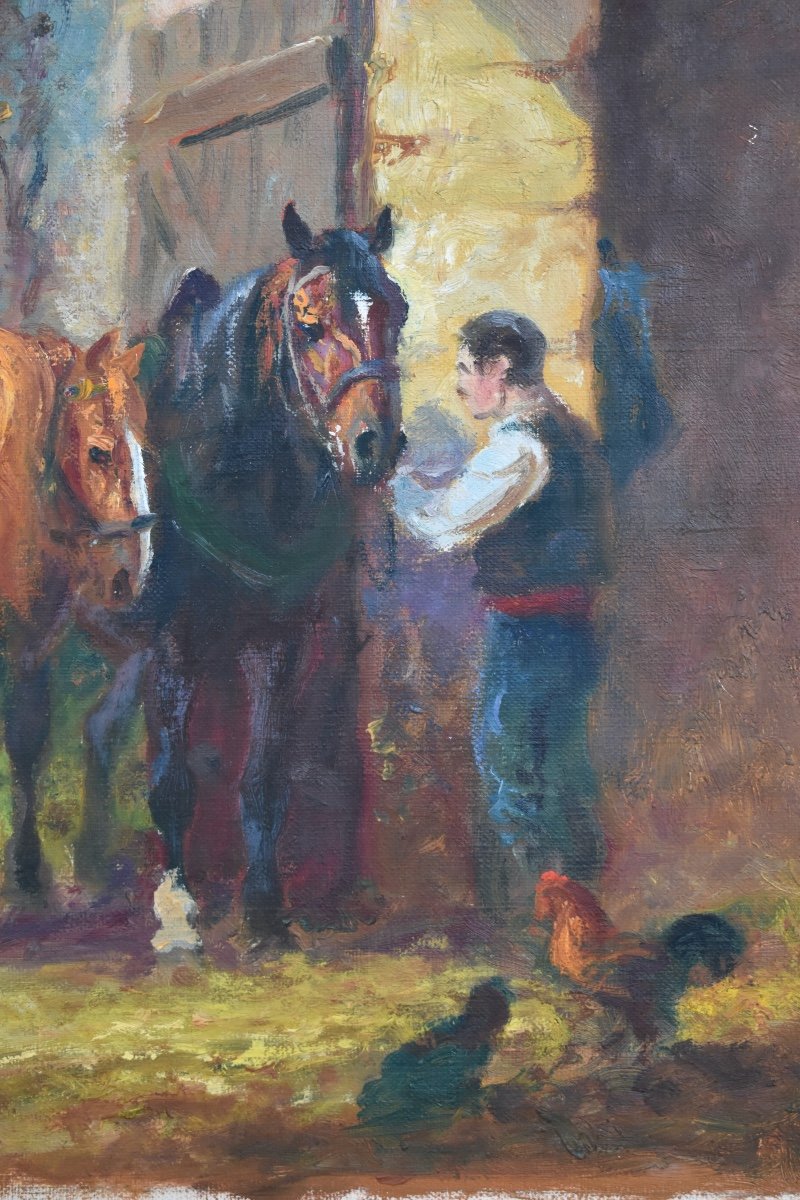 Eugène Péchaubès (1890-1967) - Horses At The Farm - Oil On Canvas-photo-3