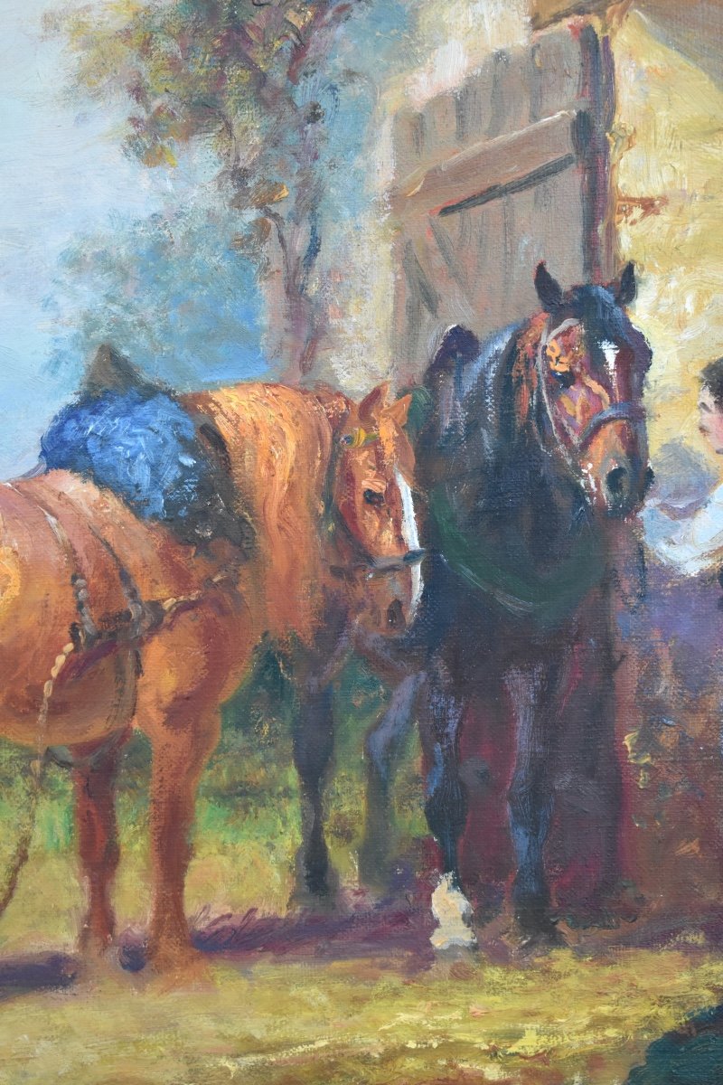 Eugène Péchaubès (1890-1967) - Horses At The Farm - Oil On Canvas-photo-4