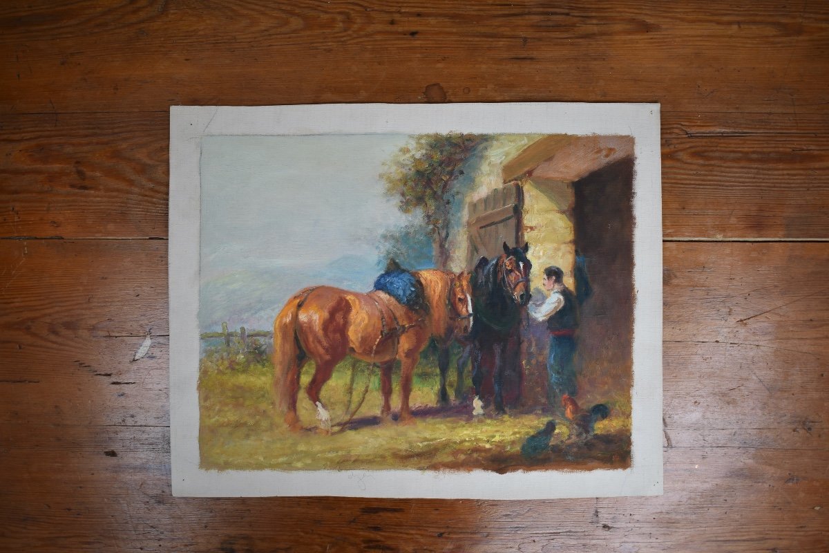 Eugène Péchaubès (1890-1967) - Horses At The Farm - Oil On Canvas-photo-1