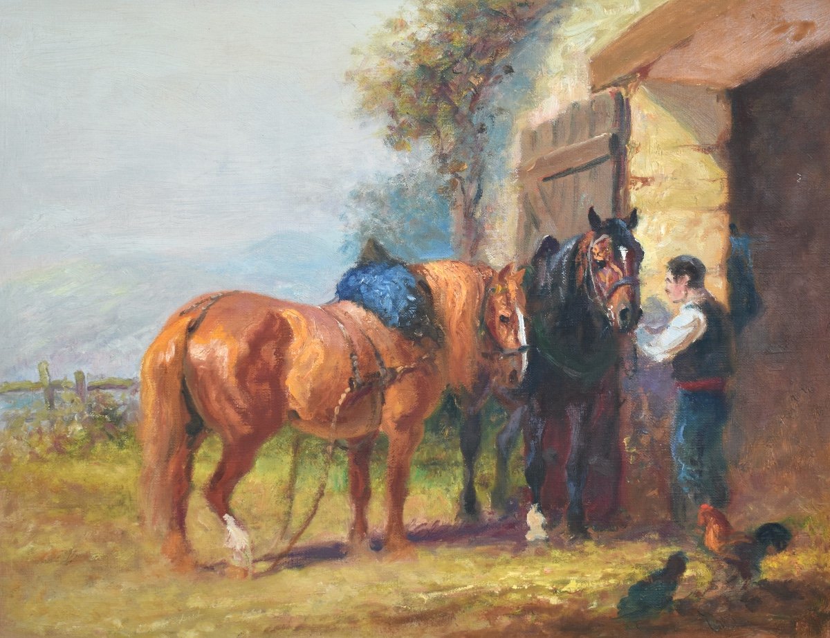 Eugène Péchaubès (1890-1967) - Horses At The Farm - Oil On Canvas