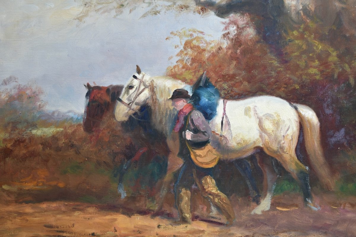 Eugène Péchaubès (1890-1967) - Horses And Farmer On The Way - Oil On Canvas-photo-2