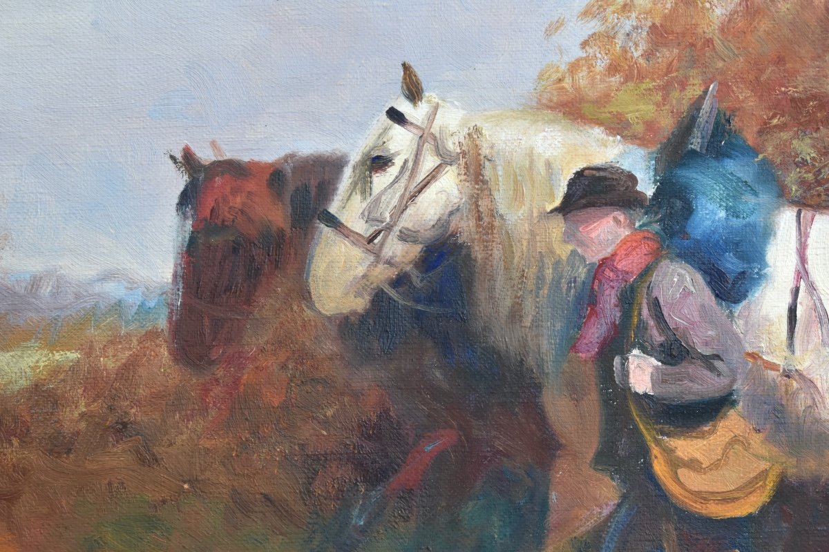 Eugène Péchaubès (1890-1967) - Horses And Farmer On The Way - Oil On Canvas-photo-3