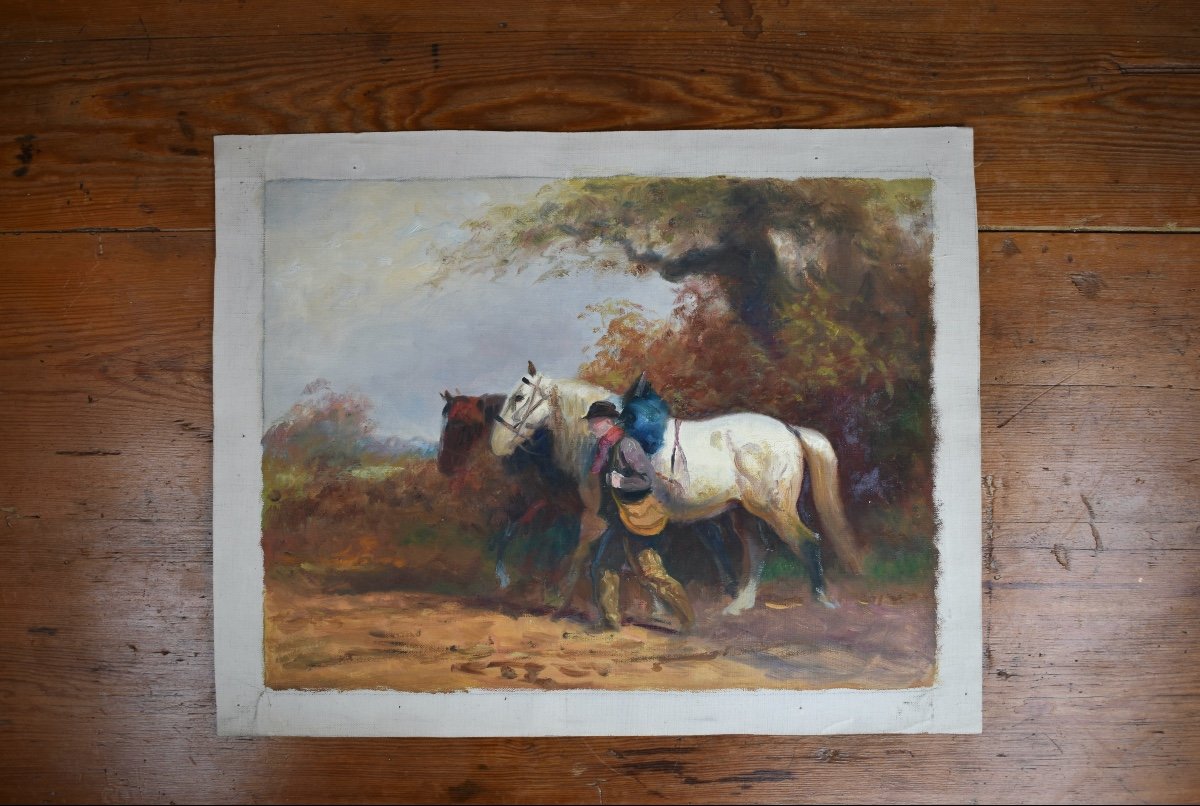 Eugène Péchaubès (1890-1967) - Horses And Farmer On The Way - Oil On Canvas-photo-4