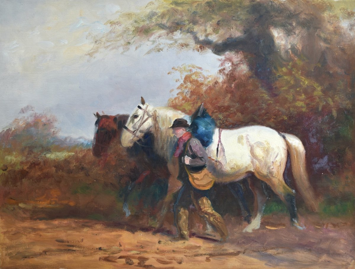 Eugène Péchaubès (1890-1967) - Horses And Farmer On The Way - Oil On Canvas