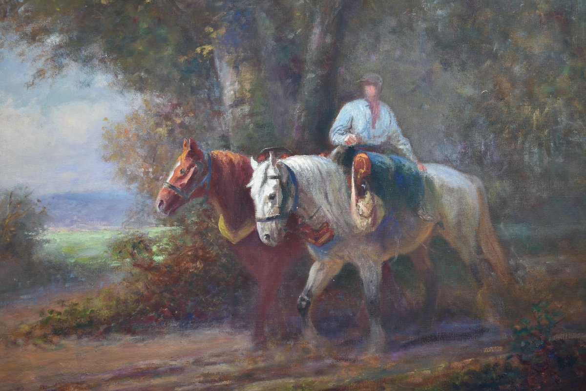 Eug&egrave;ne P&eacute;chaub&egrave;s (1890-1967) - Fermier conduisant ses chevaux - Huile sur toile-photo-2