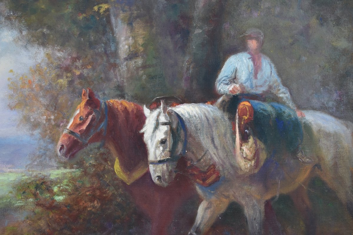 Eug&egrave;ne P&eacute;chaub&egrave;s (1890-1967) - Fermier conduisant ses chevaux - Huile sur toile-photo-3