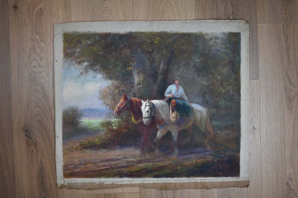 Eug&egrave;ne P&eacute;chaub&egrave;s (1890-1967) - Fermier conduisant ses chevaux - Huile sur toile-photo-4