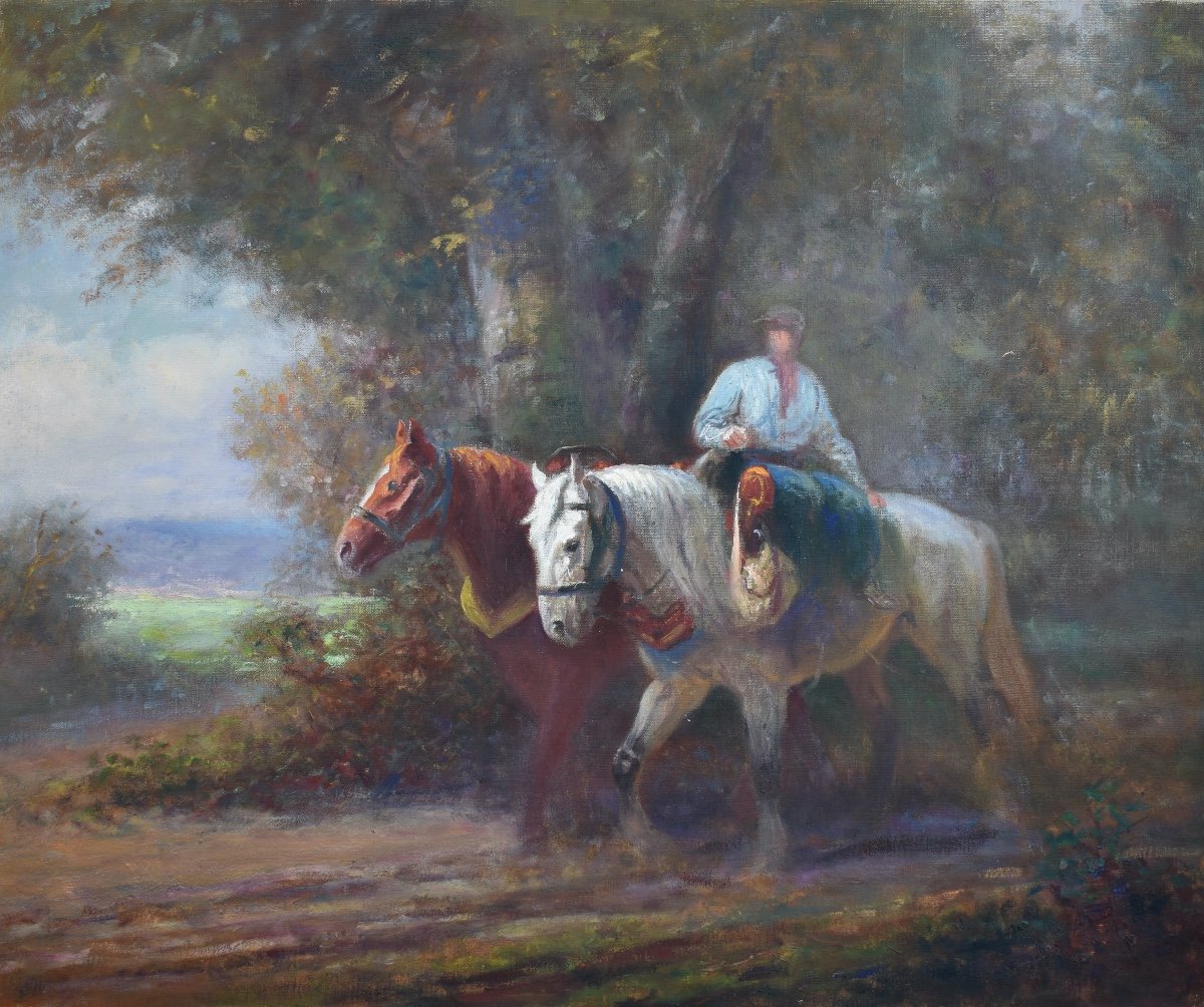 Eug&egrave;ne P&eacute;chaub&egrave;s (1890-1967) - Fermier conduisant ses chevaux - Huile sur toile