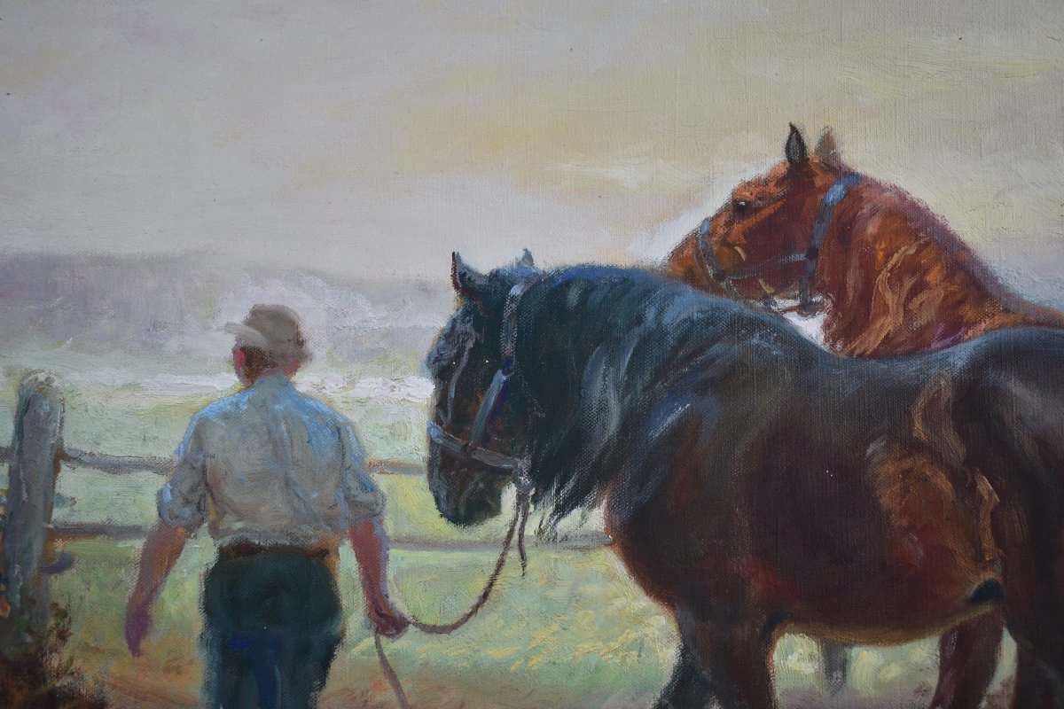 Eugène Péchaubès (1890-1967) - Horses Going To The Meadow - Oil On Canvas-photo-3