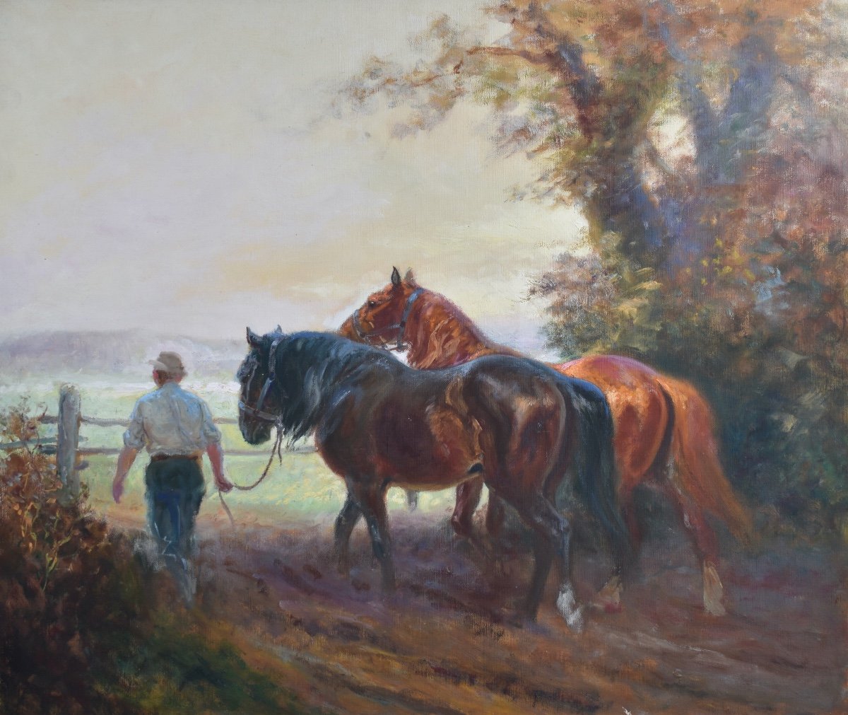 Eugène Péchaubès (1890-1967) - Horses Going To The Meadow - Oil On Canvas