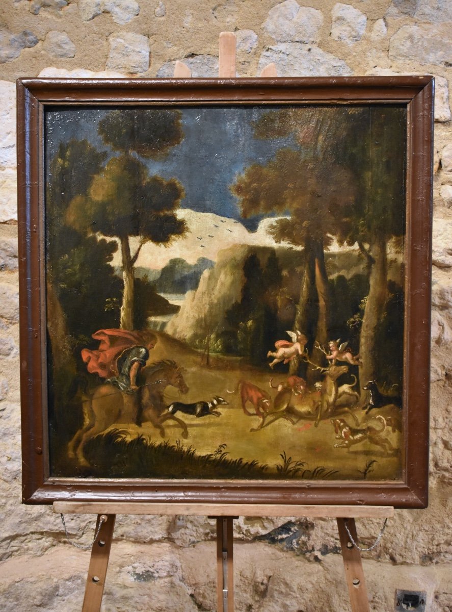 Deer Hunting Scene - Oil On Panel - Late 17th Century-photo-2