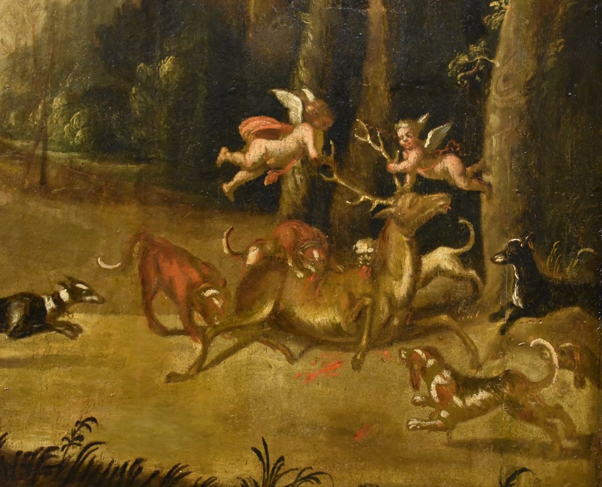 Deer Hunting Scene - Oil On Panel - Late 17th Century-photo-4