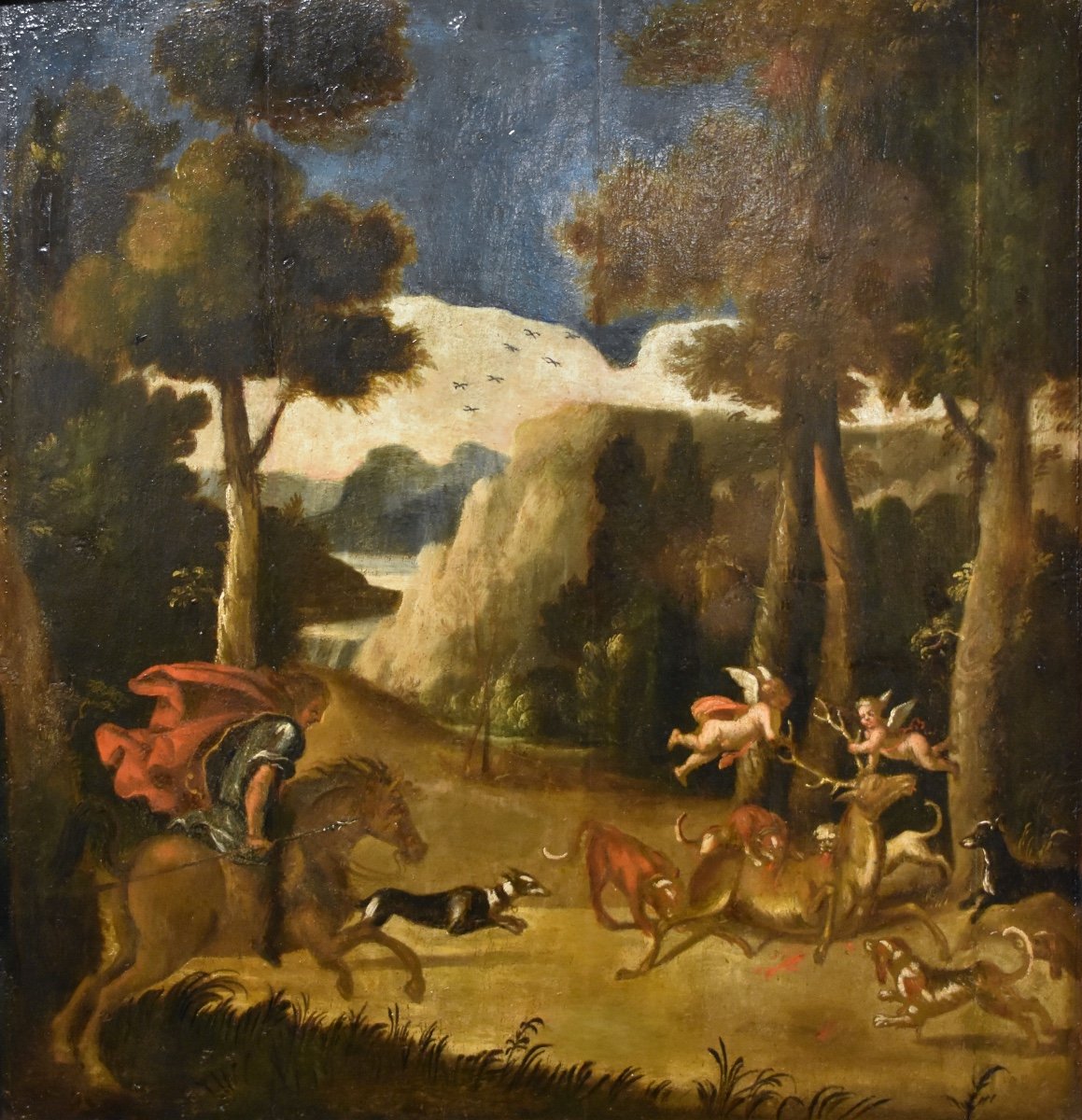 Deer Hunting Scene - Oil On Panel - Late 17th Century