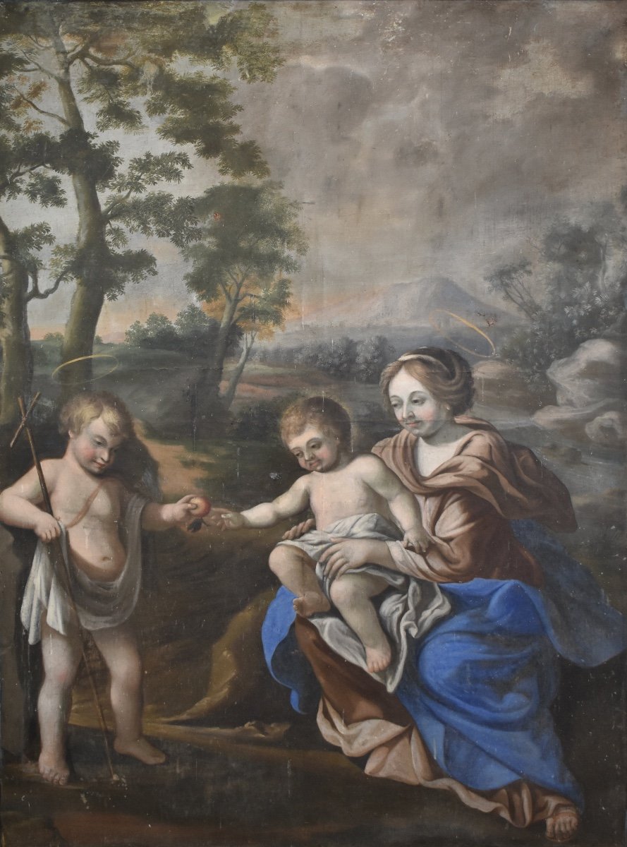 Vierge à L’Enfant et saint Jean-Baptiste - Importante huile sur toile - France fin XVIIe